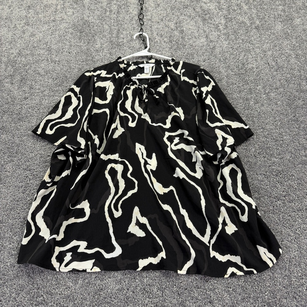 Nine West Blouse Womens 2X Black Abstract Short Sleeve Tie Neck